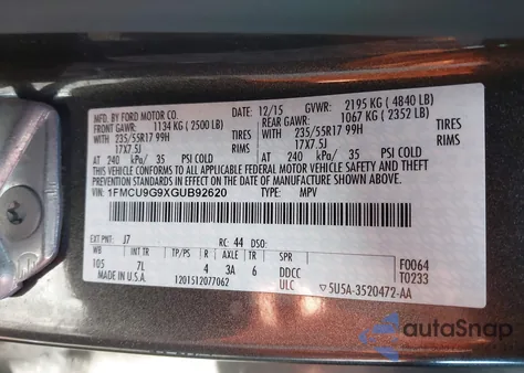 2016 Ford Escape Se from USA, damaged, VIN 1FMCU9G9XGUB92620